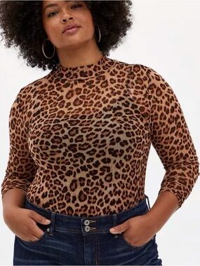 Torrid Animal Print Mock Neck Mesh Long Sleeve